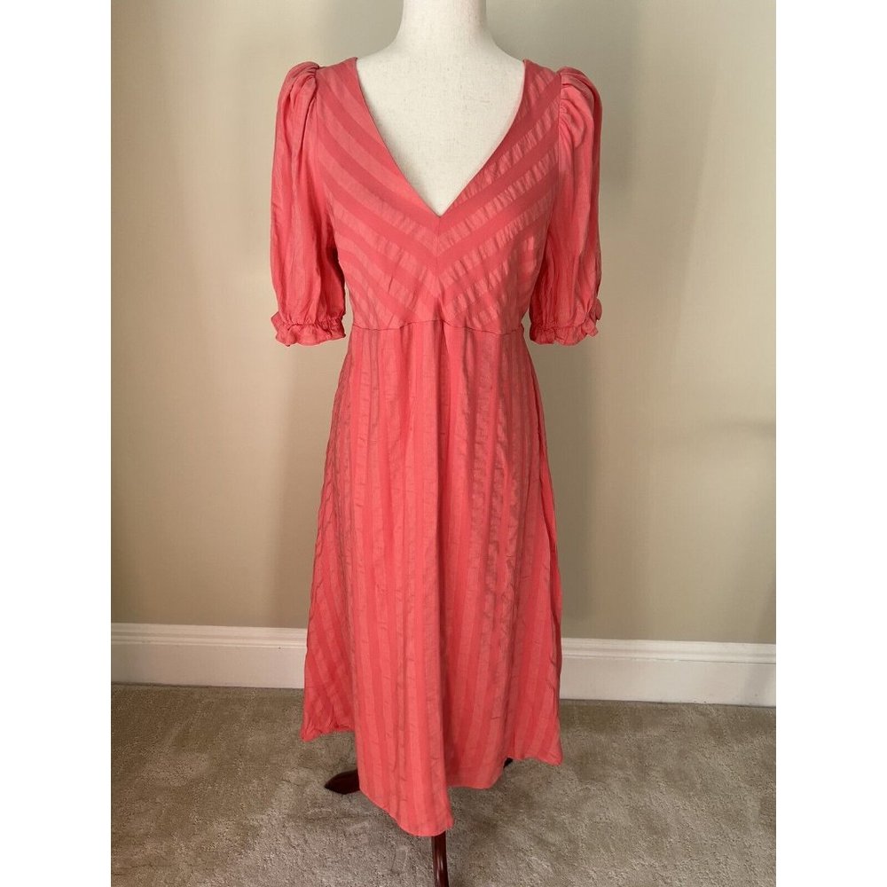 The Nines by HATCH Dress Size S Coral Puff Sleeve Smocked Lined Maternity Midi